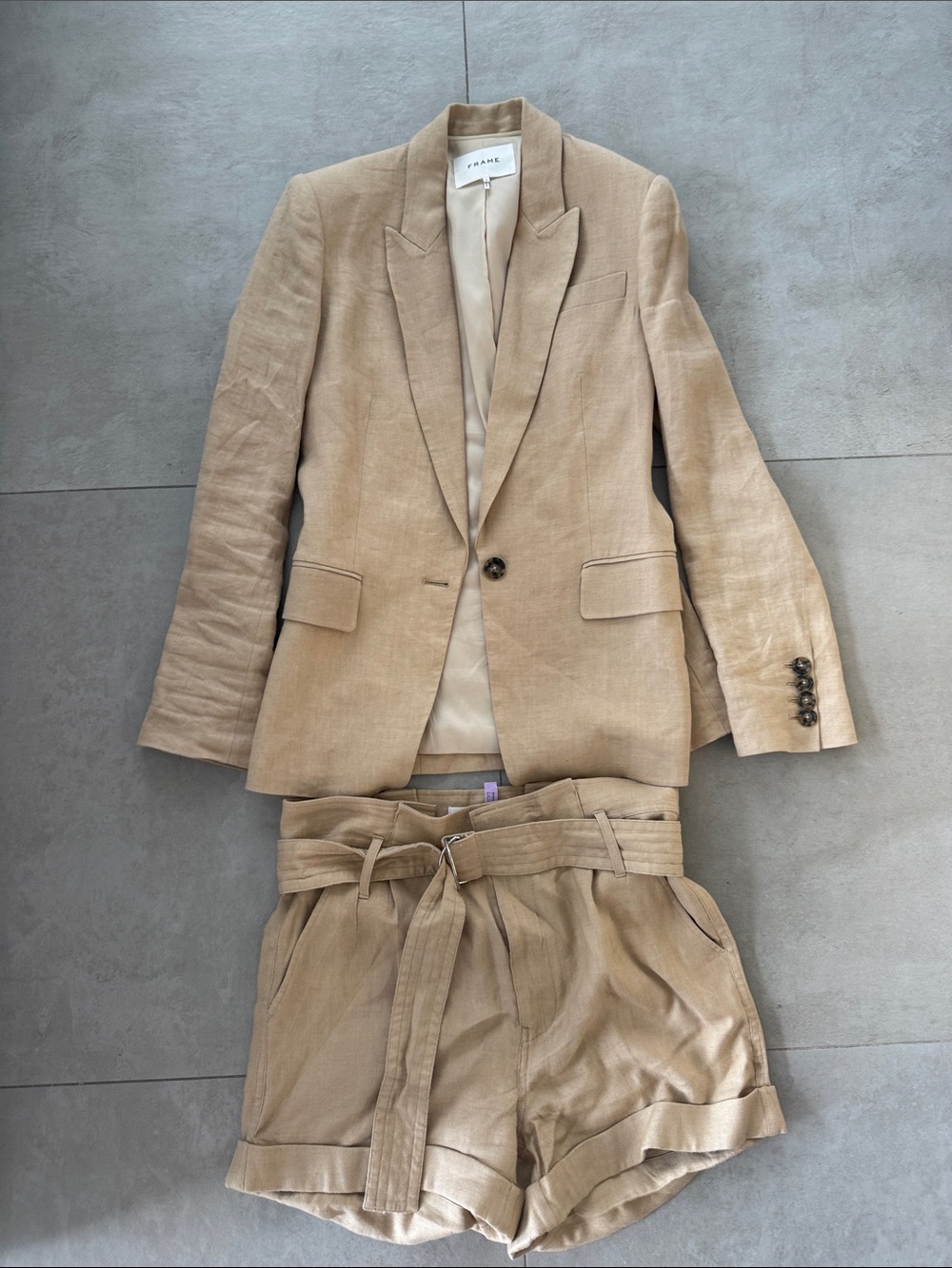 Frame Denim Beige Linen-Blend Blazer with Matching High-Waist Shorts